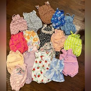 Lot of 18 baby girl summer rompers, size 9 month. Assorted Brands, gently worn.